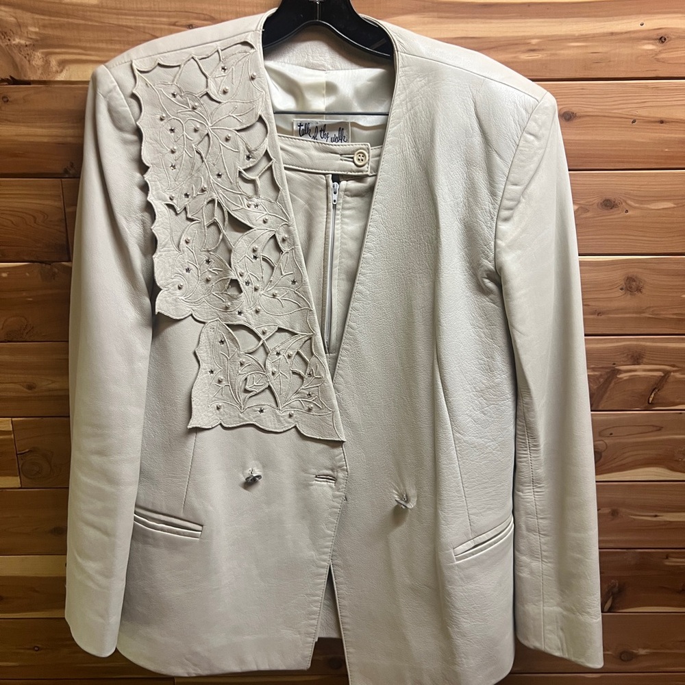 Elegant Cream Vintage Leather Jacket and Skirt Set